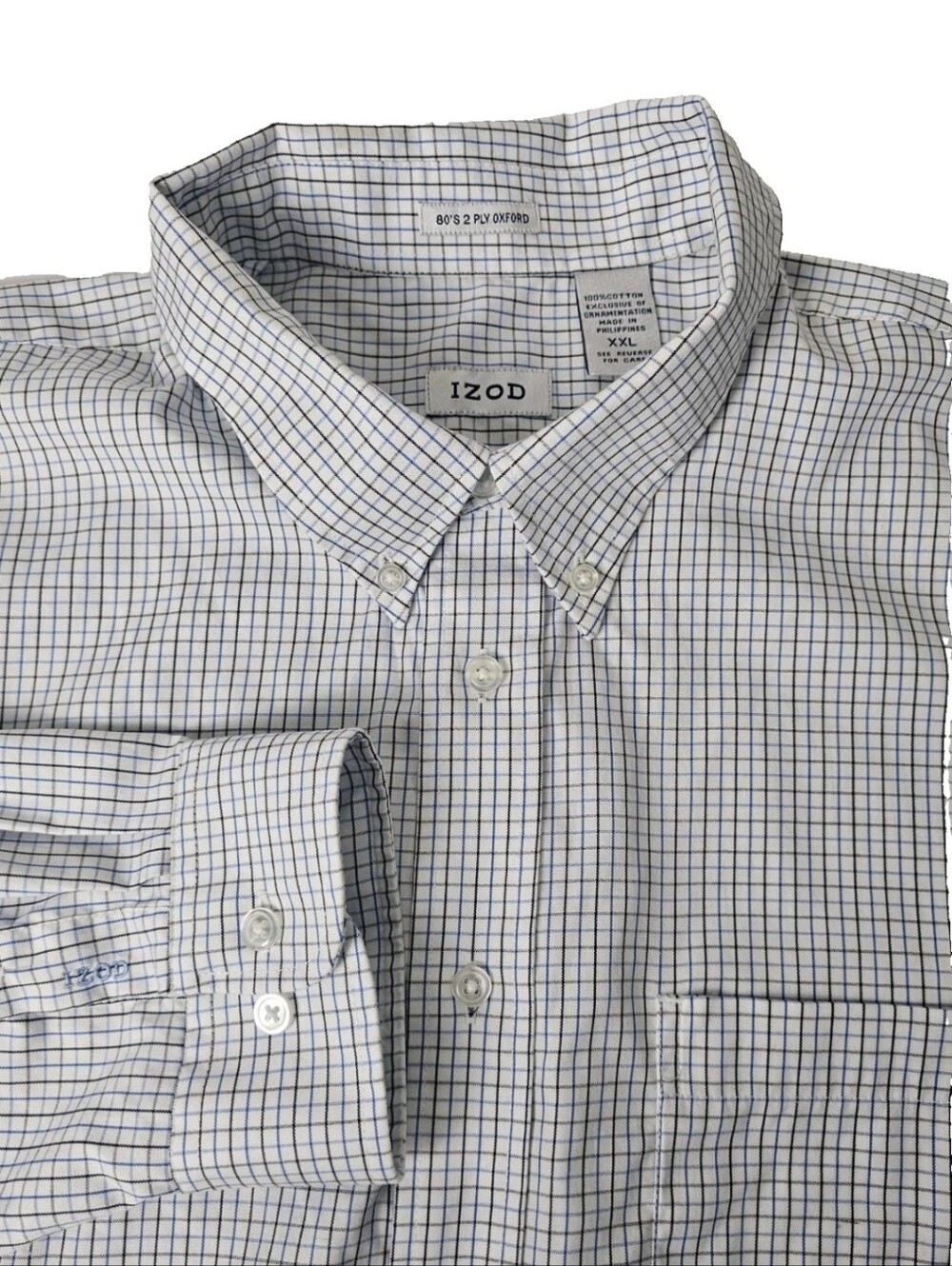 Izod Men's White Blue Micro-Check Button-Down Dress Shirt XXL